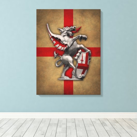 Londense draak over oude Engelse vlag Canvas Afdruk (Insitu (Houten vloer))