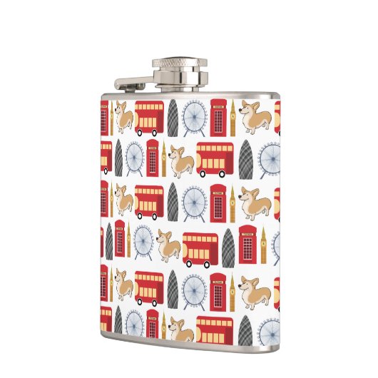 Londense pictogrammen en Corgi Collage Pattern Heupfles (Links)