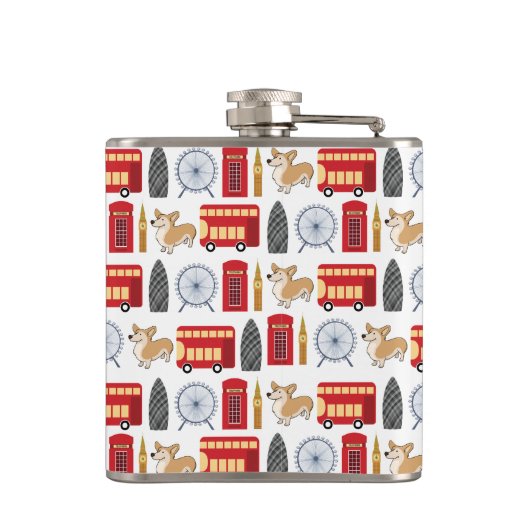 Londense pictogrammen en Corgi Collage Pattern Heupfles (Achterkant)