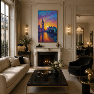 London Big Ben Pointillisme Silhouet Zonsondergang Poster