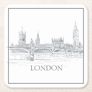 London Bridge Big Ben London Skyline Drawing Vierkante Kartonnen Onderzetter