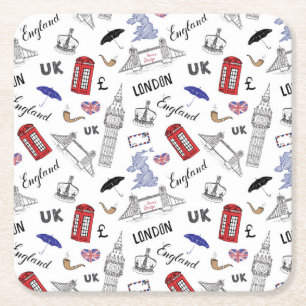 London City Doodles Pattern Vierkante Kartonnen Onderzetter