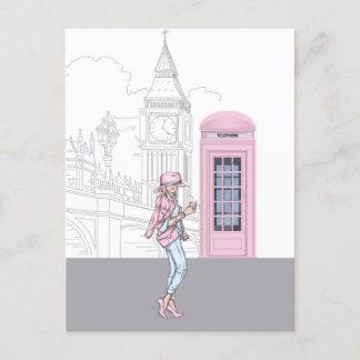 London City Girl met roze telefoonbox Briefkaart