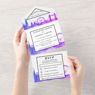 London City RSVP Waterverf Blue Modern Wedding All In One Uitnodiging
