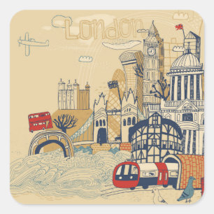 London Doodle Scene Vierkante Sticker