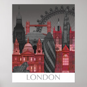 London Elevings by Night - Red Poster