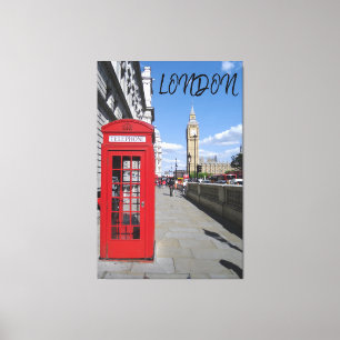 London England Big Ben Black White Red Bus Canvas Afdruk