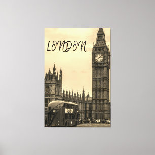 London England Big Ben  Black White Red Bus Canvas Afdruk