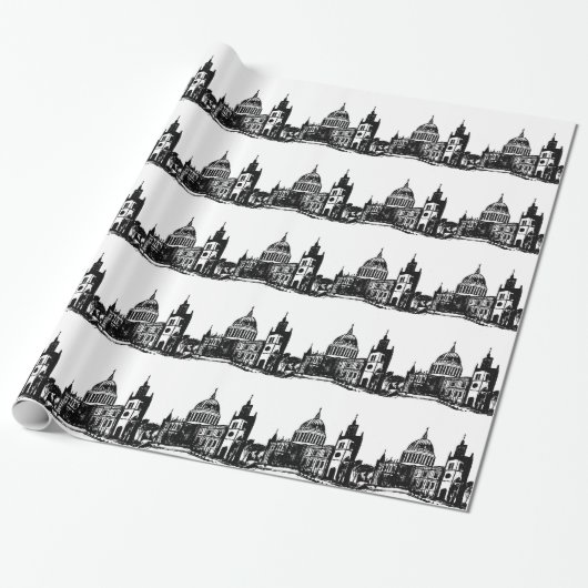 London England Black Pattern Retro Cadeaupapier (Uitgerold)