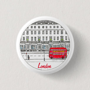 London England Red Bus Travel Illustration Ronde Button 3,2 Cm