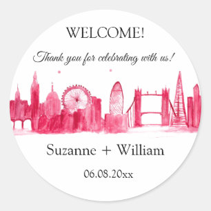 London England skyline Pink Favors Weddings Ronde Sticker