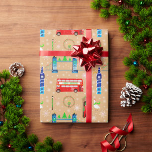 London Kerst Beige Patroon Achtergrond Cadeaupapier