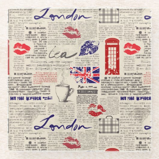 London Newspaper Pattern Glazen Onderzetter (Voorkant)