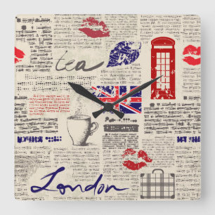 London Newspaper Pattern Vierkante Klok