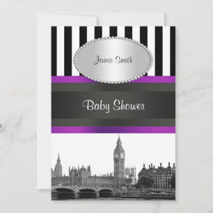 London Skyline BW Blk Wht Strp Paars Baby shower Kaart