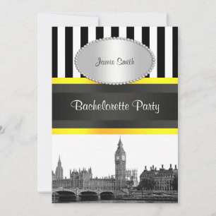 London Skyline BW Blk Wht Strp Ylo P Bachelorette Kaart