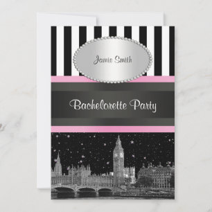London Skyline BW Blk Wit Strp Pink Bachelorette Kaart