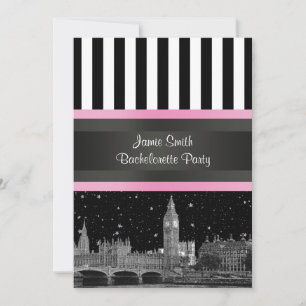 London Skyline BW Blk Wit Strp Pink Bachelorette Kaart