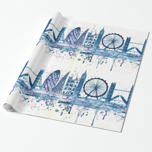 London skyline England blue modern waterverf Cadeaupapier (Uitgerold)