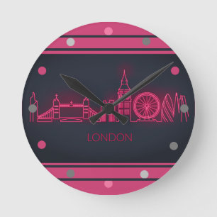 London Skyline Pink Neon Look Cityscape Wall Ronde Klok