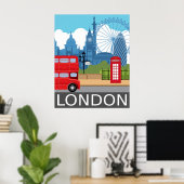 London skyline retro travel poster red bus (Bureau à domicile)
