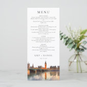 London Skyline Watercolor Elegant Wedding Menu (Staand voorkant)