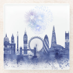 London Skyline - Waterverf Blue Glazen Onderzetter