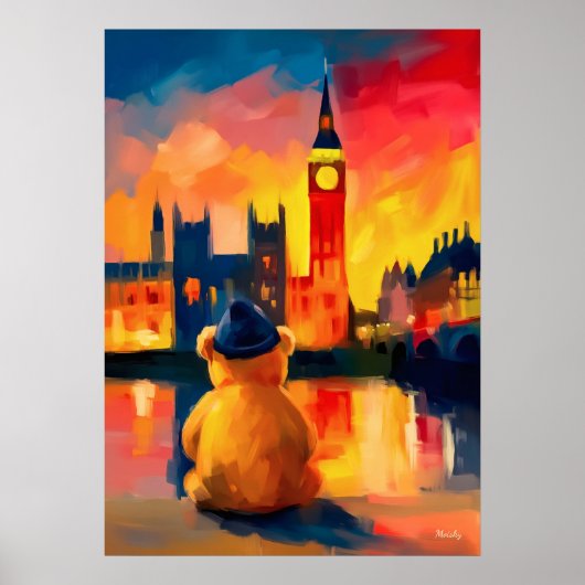 London Teddy Beanie Sunset Thames Reflection Poster (Voorkant)