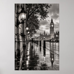 Londres pluvieux Big Ben Art mural noir et blanc