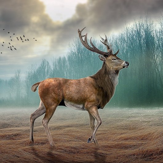 Lone Deer in Misty Forest Canvas Afdruk