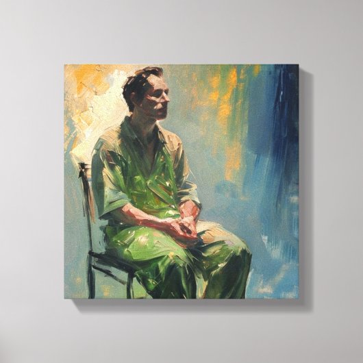 lone figure seated sparsely furnished room.... canvas afdruk (Voorkant)