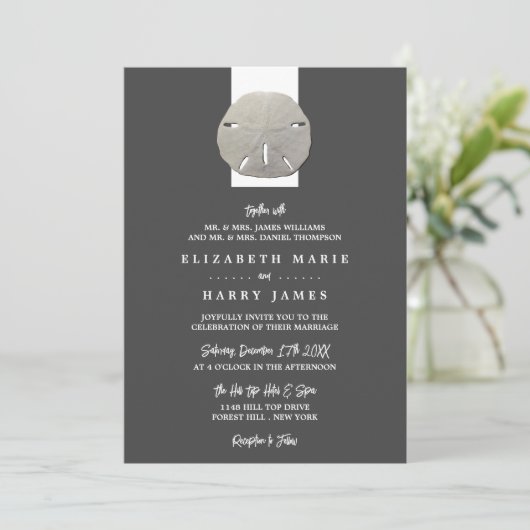 Lone Sand Dollar - Charcoal Gray - Beach Wedding Kaart (Staand voorkant)