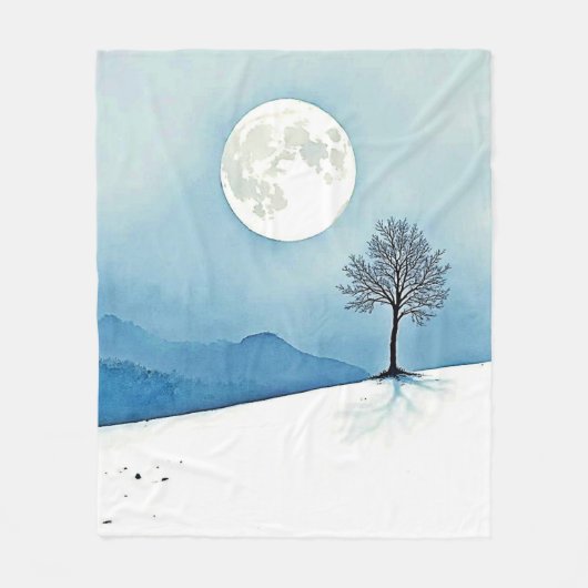 Lone Tree: Serene Full Moon Silence Art Fleece Deken (Voorkant)