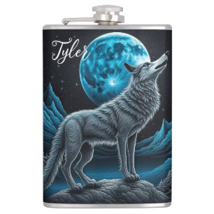 Lone Wolf en Full Moon Zwart en Blauw Heupfles
