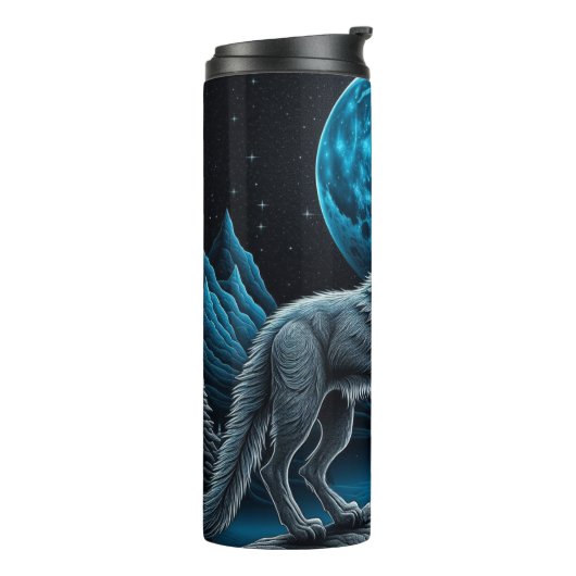 Lone Wolf en Full Moon Zwart en Blauw Thermosbeker (Gedraaid links)
