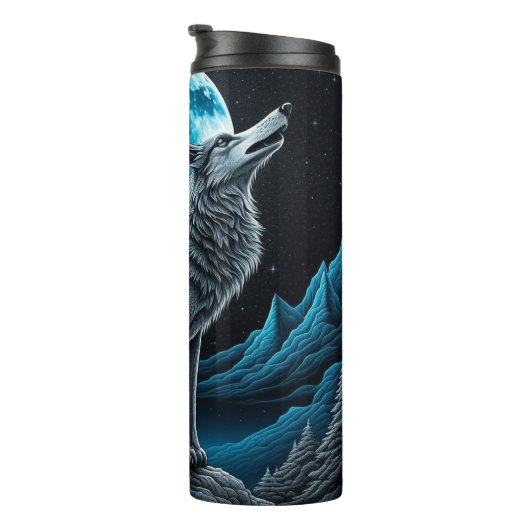 Lone Wolf en Full Moon Zwart en Blauw Thermosbeker (Geroteerd rechts)