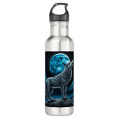 Lone Wolf en Full Moon Zwart en Blauw Waterfles (Voorkant)