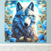 Lone Wolf in de Betoverde Blauwe Rozen Tuin Canvas Afdruk (Insitu (Houten vloer))