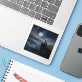 Lone Wolf Under the Moon – A Timeless Painting Sticker (Laptop met iPhone)