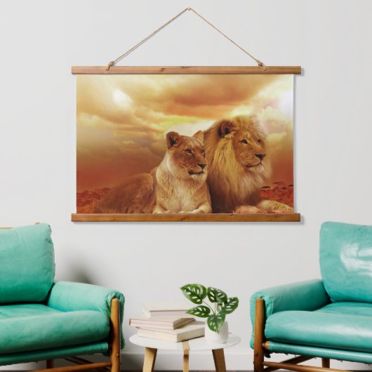 Lonen en leeuwen met bovenzijde hangend wandkleed (Woonkamer)