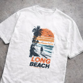 Long Beach California Retro Sunset Palm Tree Beach T-shirt