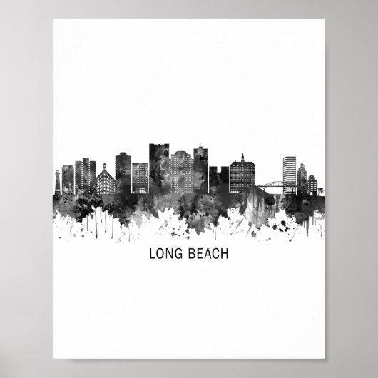 Long Beach California Skyline BW Poster (Voorkant)