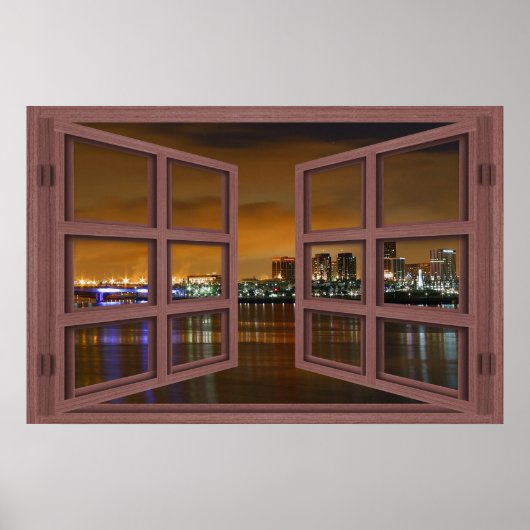 Long Beach Skyline bij nacht Open Window Poster (Voorkant)