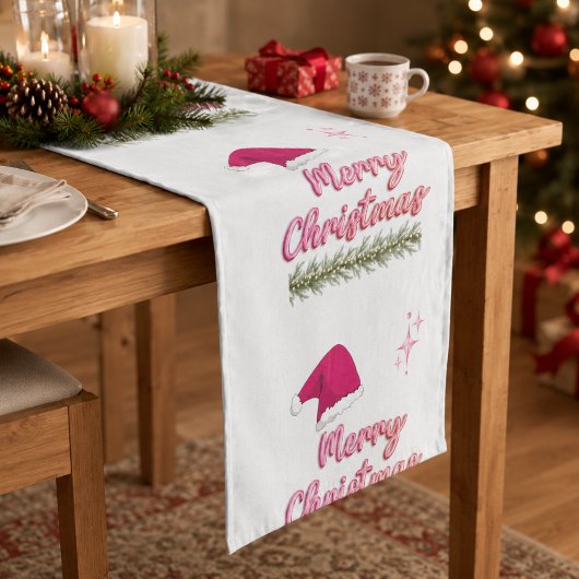 Long Chemin de table de Noël rose Merry Christmas