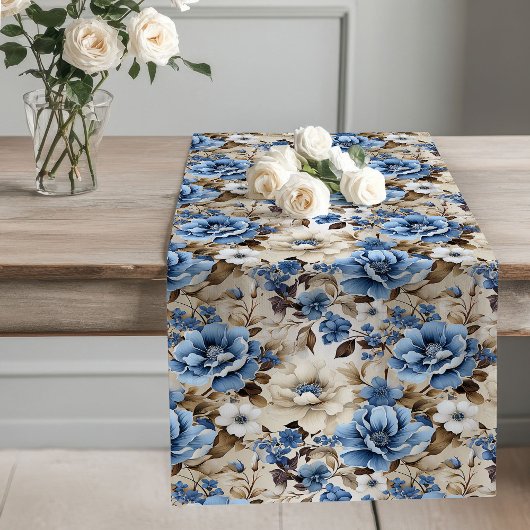 Long Chemin de table décoratif à fleurs bleu marine pou