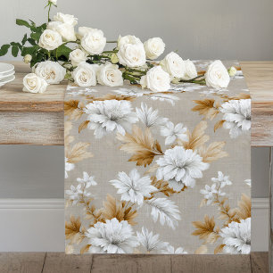 Long Chemin de table Fleurs Blanches Ivoire Beige Terre