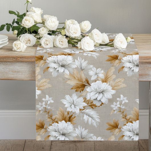 Long Chemin de table Fleurs Blanches Ivoire Beige Terre