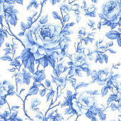 Long Chemin de table floral aux roses Toile de Jouy ble
