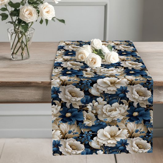 Long Chemin de table Navy Flowers Ivory