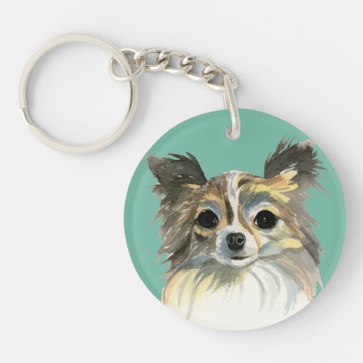 Long Hair Chihuahua Waterverf Portret Sleutelhanger (Voorkant)